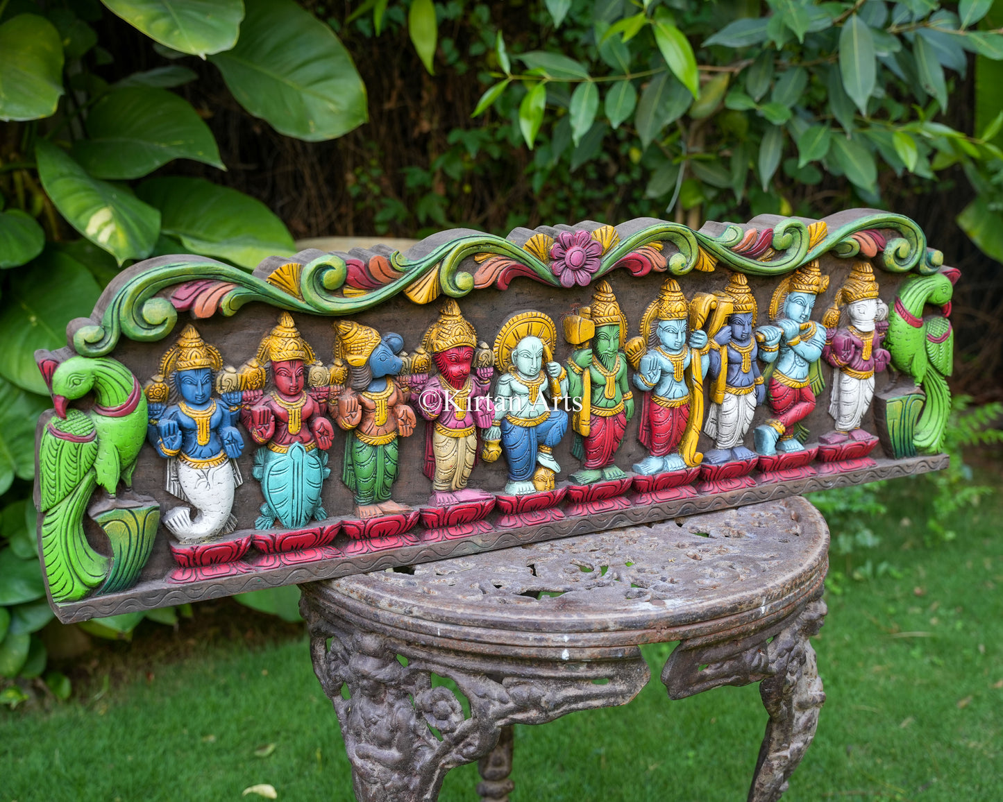 42" Hand-Carved Dasavataram Wooden Wall Panel | Watercolours