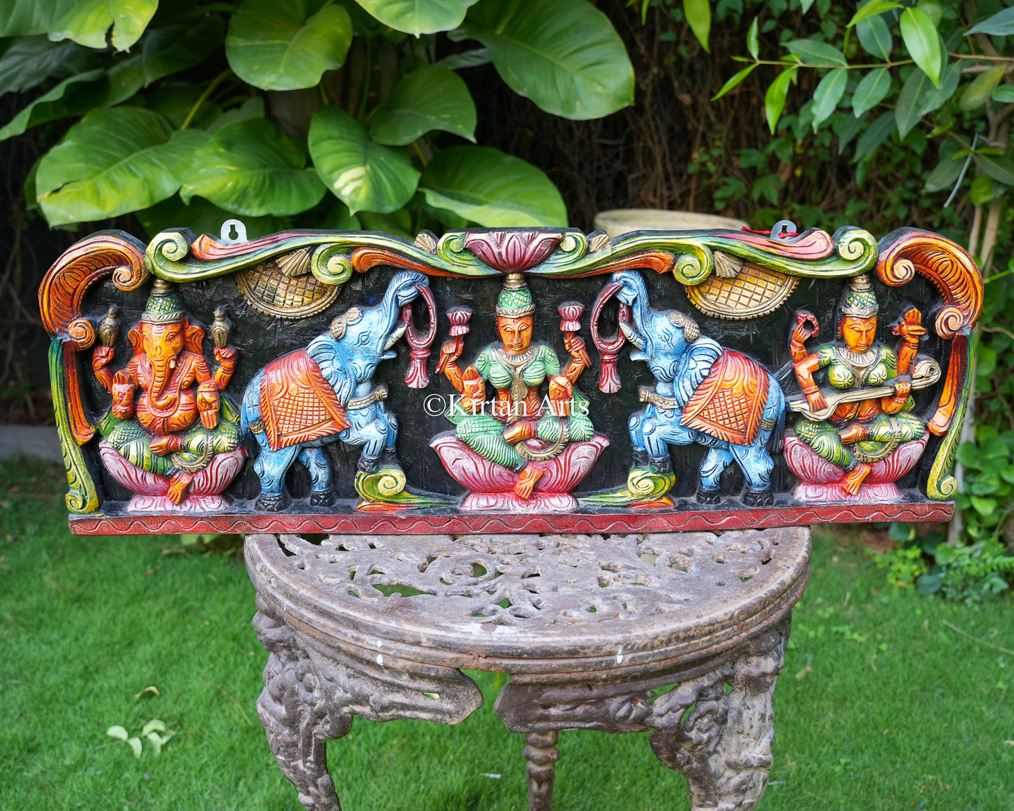 36" Hand-Carved Gajalakshmi Ganesha Saraswati Wall Panel