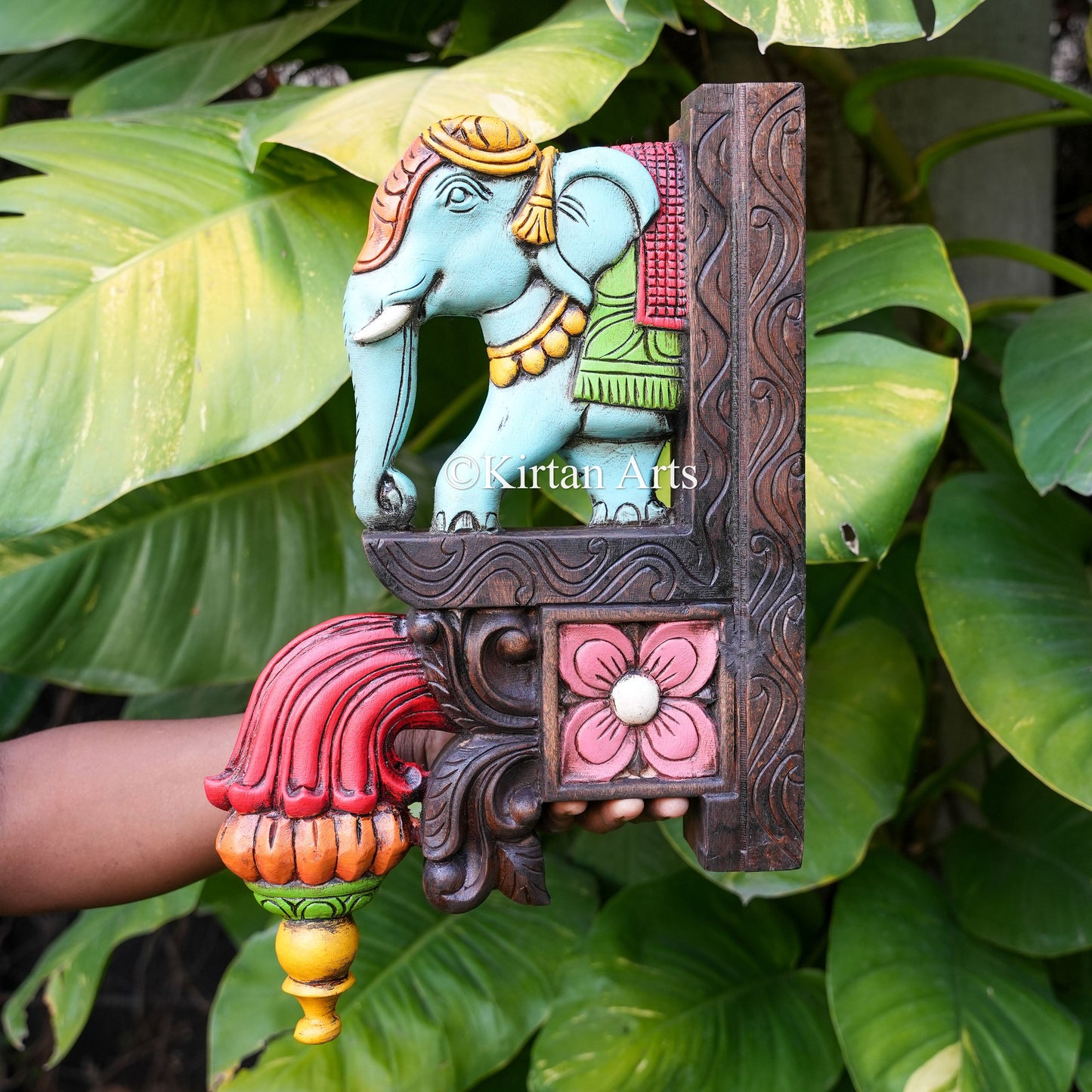 18" Hand-Carved Wooden Elephant Wall Bracket