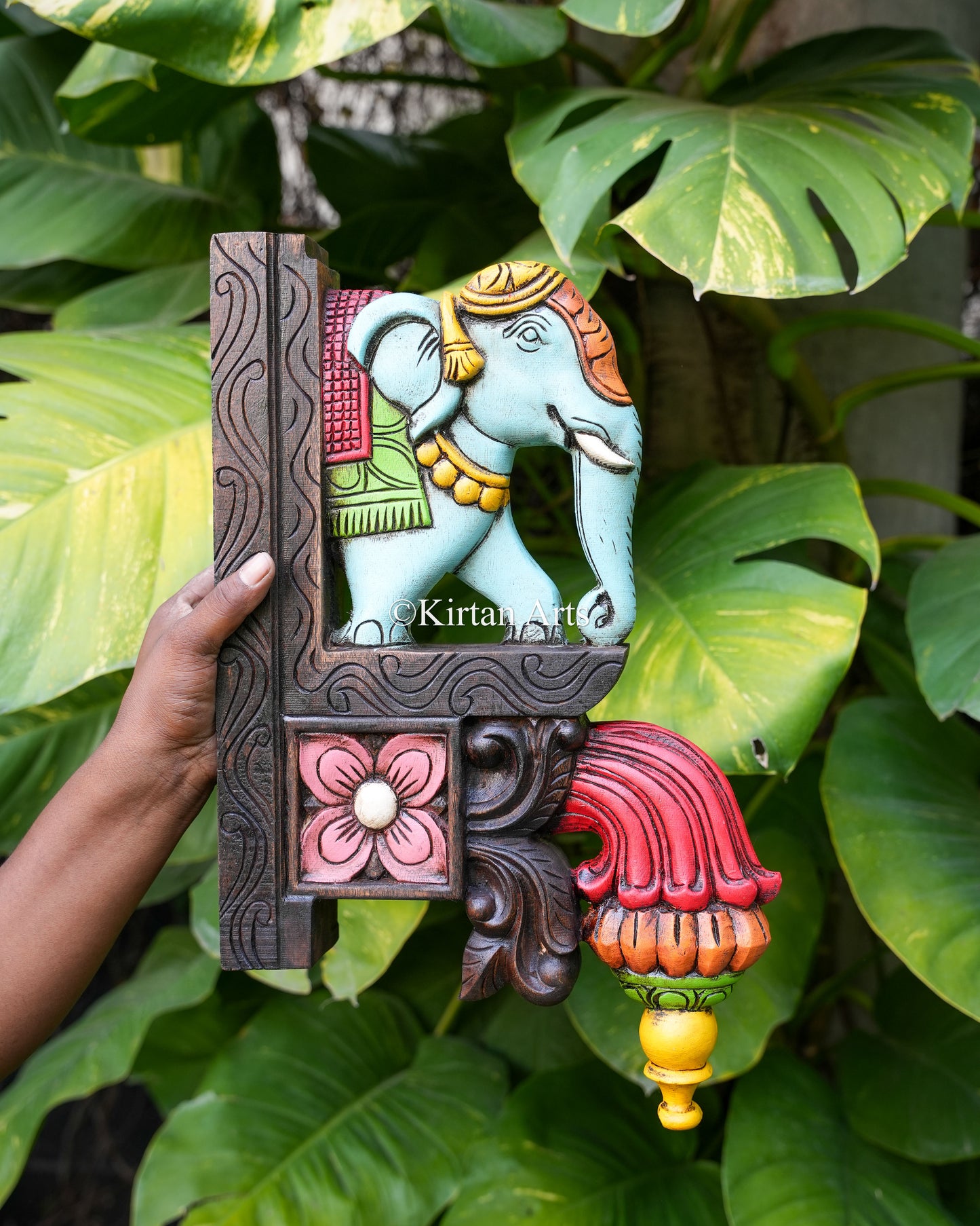 18" Hand-Carved Wooden Elephant Wall Bracket