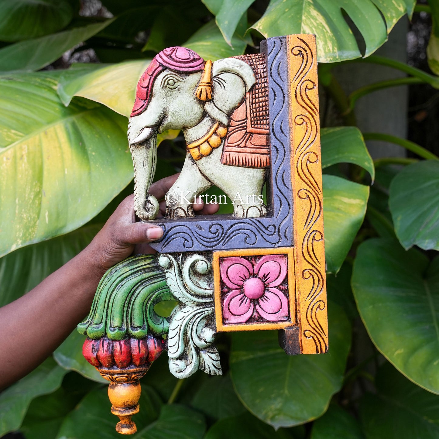 18" Hand-Carved Wooden Elephant Wall Bracket