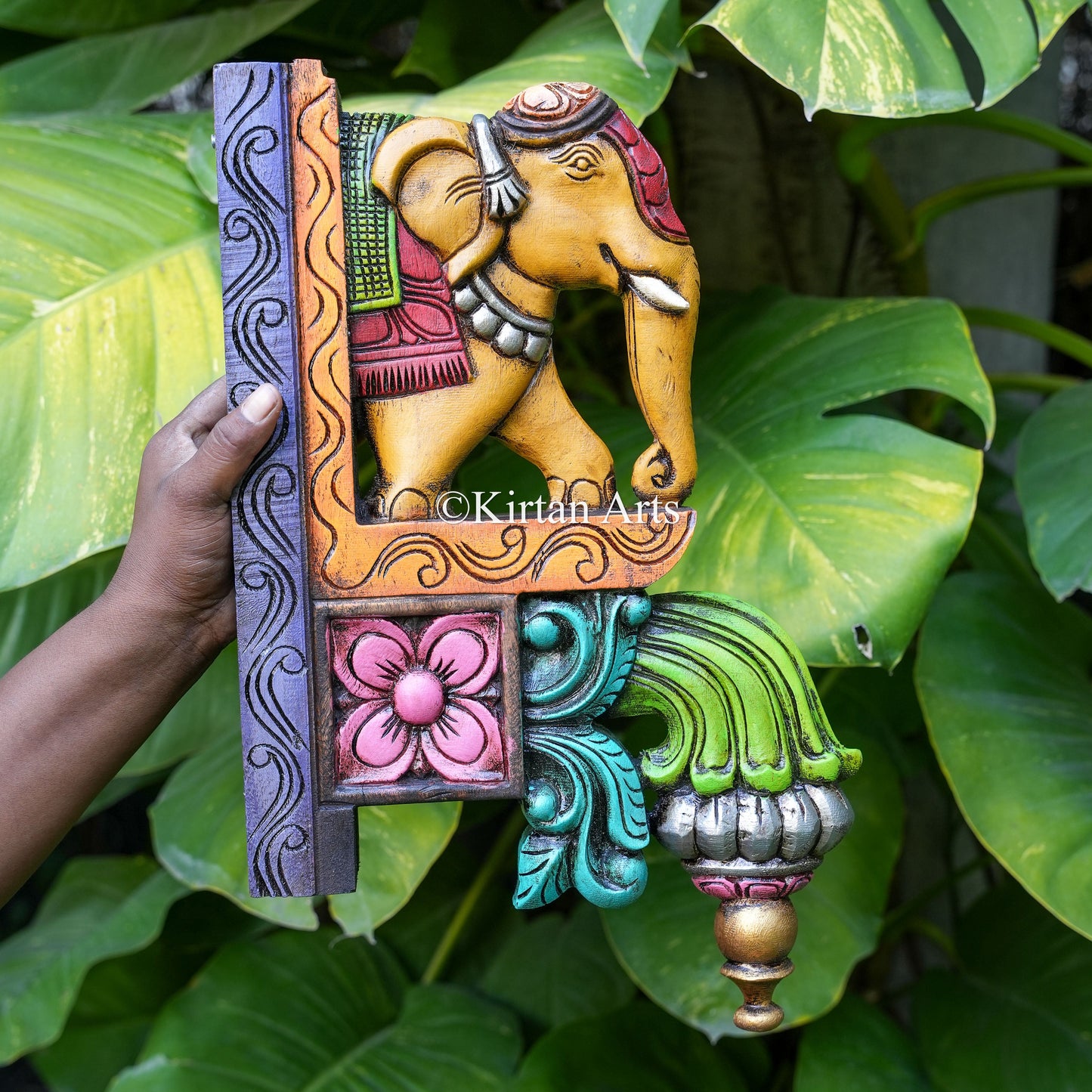 18" Hand-Carved Wooden Elephant Corbel Wall Bracket