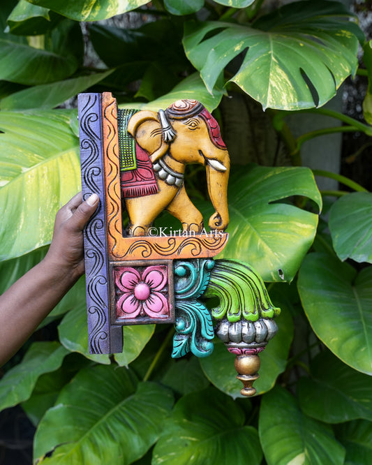 Hand-Carved Wooden Elephant Corbel Wall Bracket Pair | 18" | Watercolor | Yellow