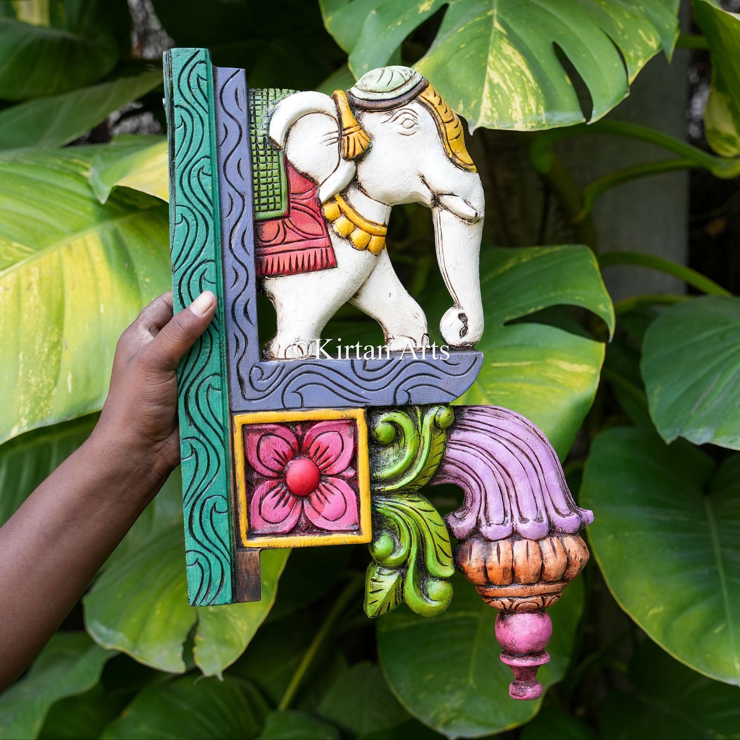 18" Hand-Carved Wooden Elephant Corbel Wall Bracket | Watercolor