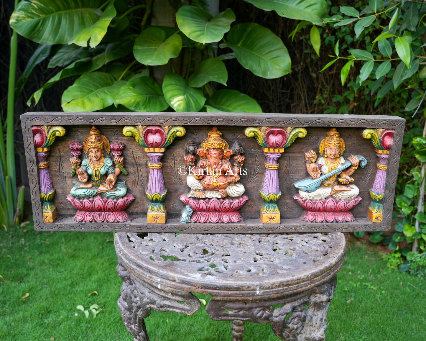 36" Hand-Carved Ganesh Lakshmi Saraswati Wooden Wall Panel | Watercolor