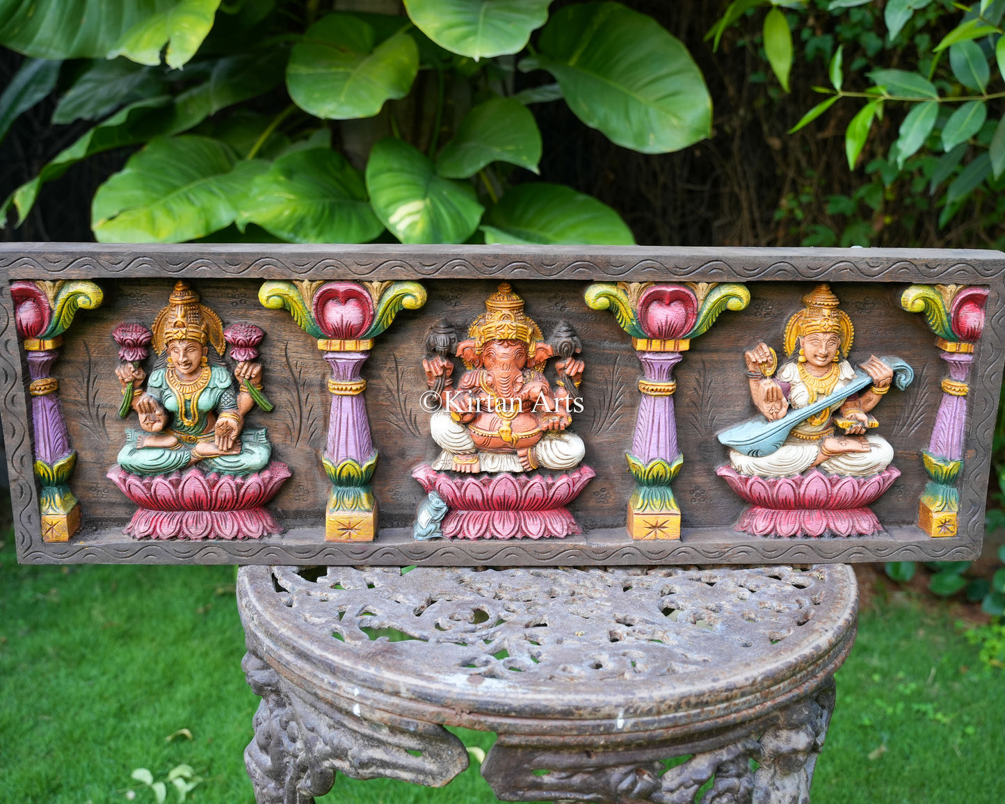 36" Hand-Carved Ganesh Lakshmi Saraswati Wooden Wall Panel | Watercolor