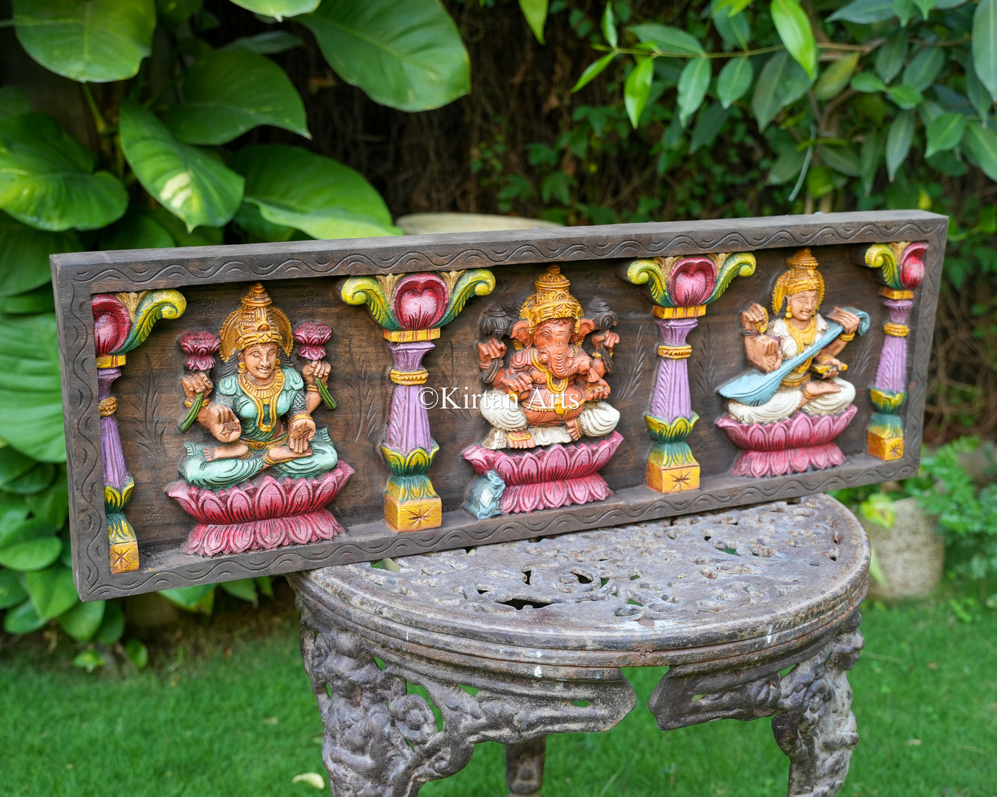 36" Hand-Carved Ganesh Lakshmi Saraswati Wooden Wall Panel | Watercolor
