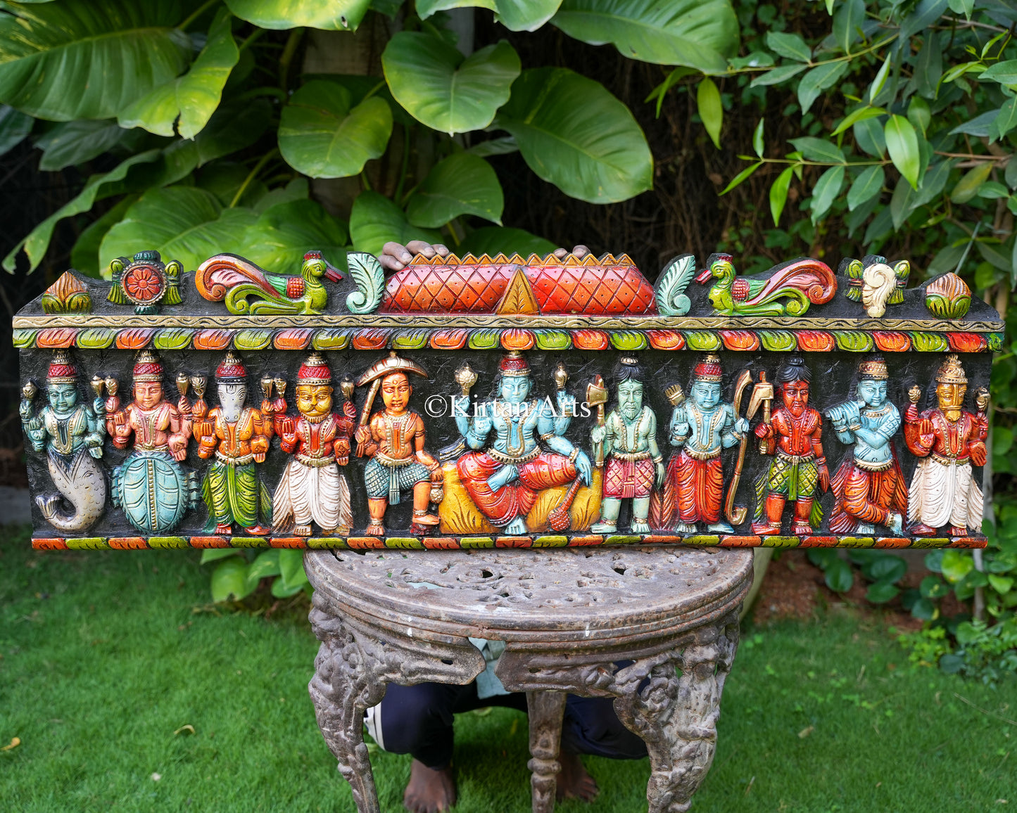 Hand-Carved "Dasavataram" Wooden Wall Panel | 48"