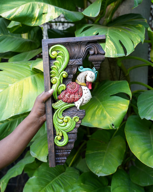 Hand-Carved Wooden Peacock Wall Bracket Pair | 18"
