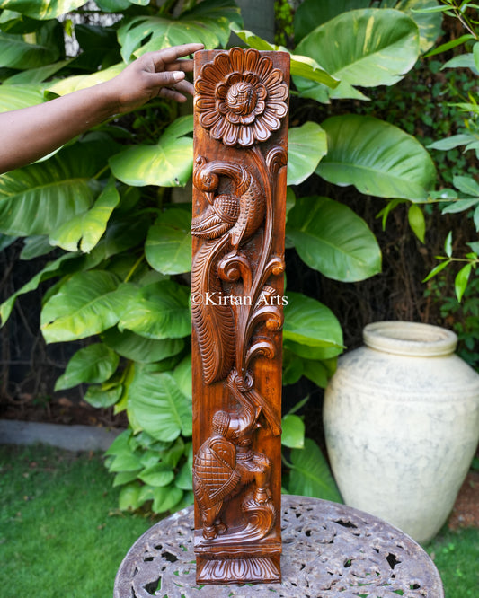 Hand-Carved Vertical Wood Panels (Elephant, Peacock, & Lotus) Pair | 36"