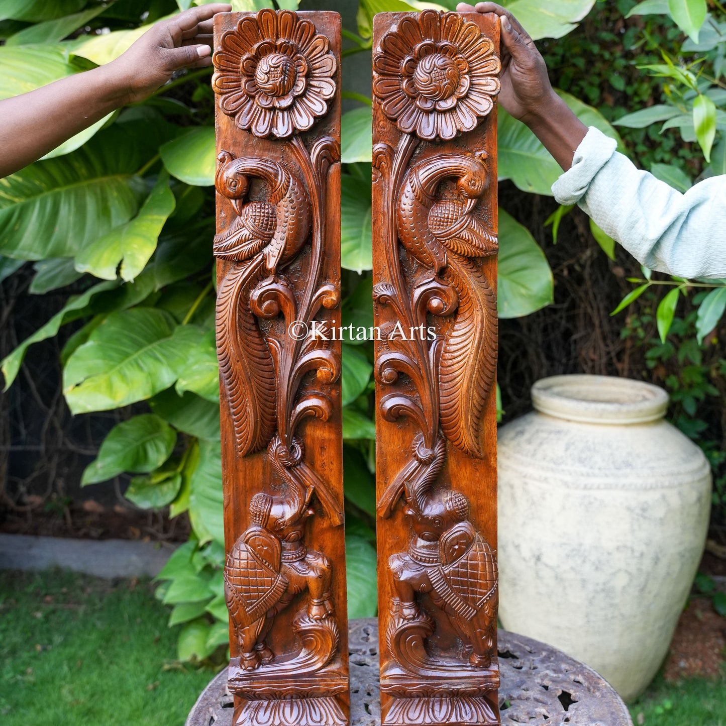 36" Hand-Carved Vertical Wood Panels (Elephant, Peacock, & Lotus) Pair