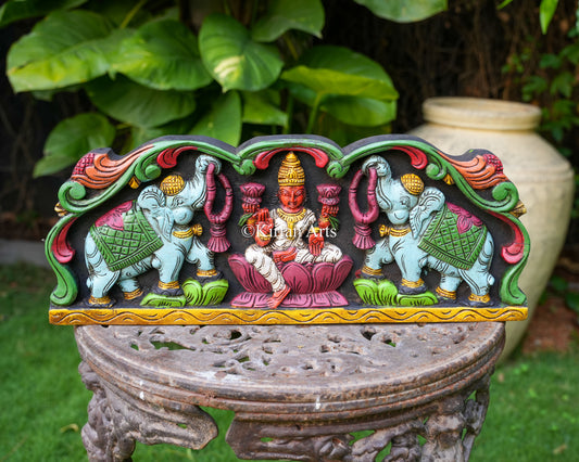 Hand-Carved Gajalakshmi Wooden Wall Panel | 24" | Watercolors