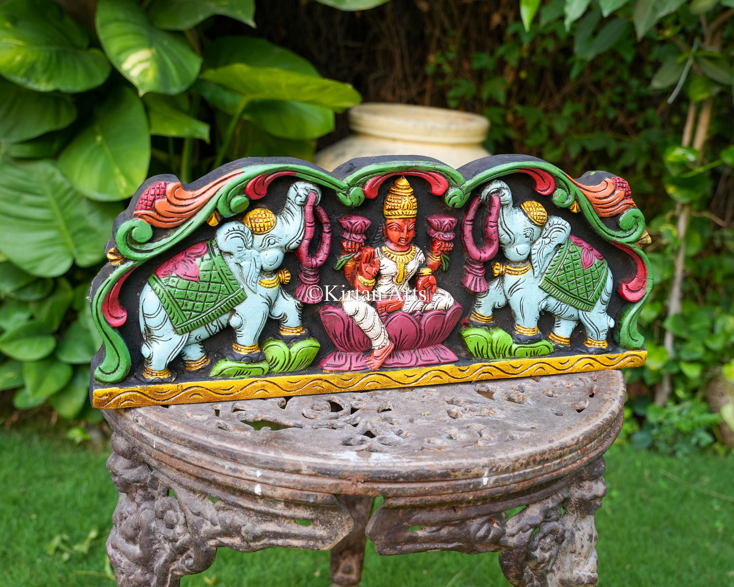 24" Hand-Carved Gajalakshmi Wooden Wall Panel | Watercolors