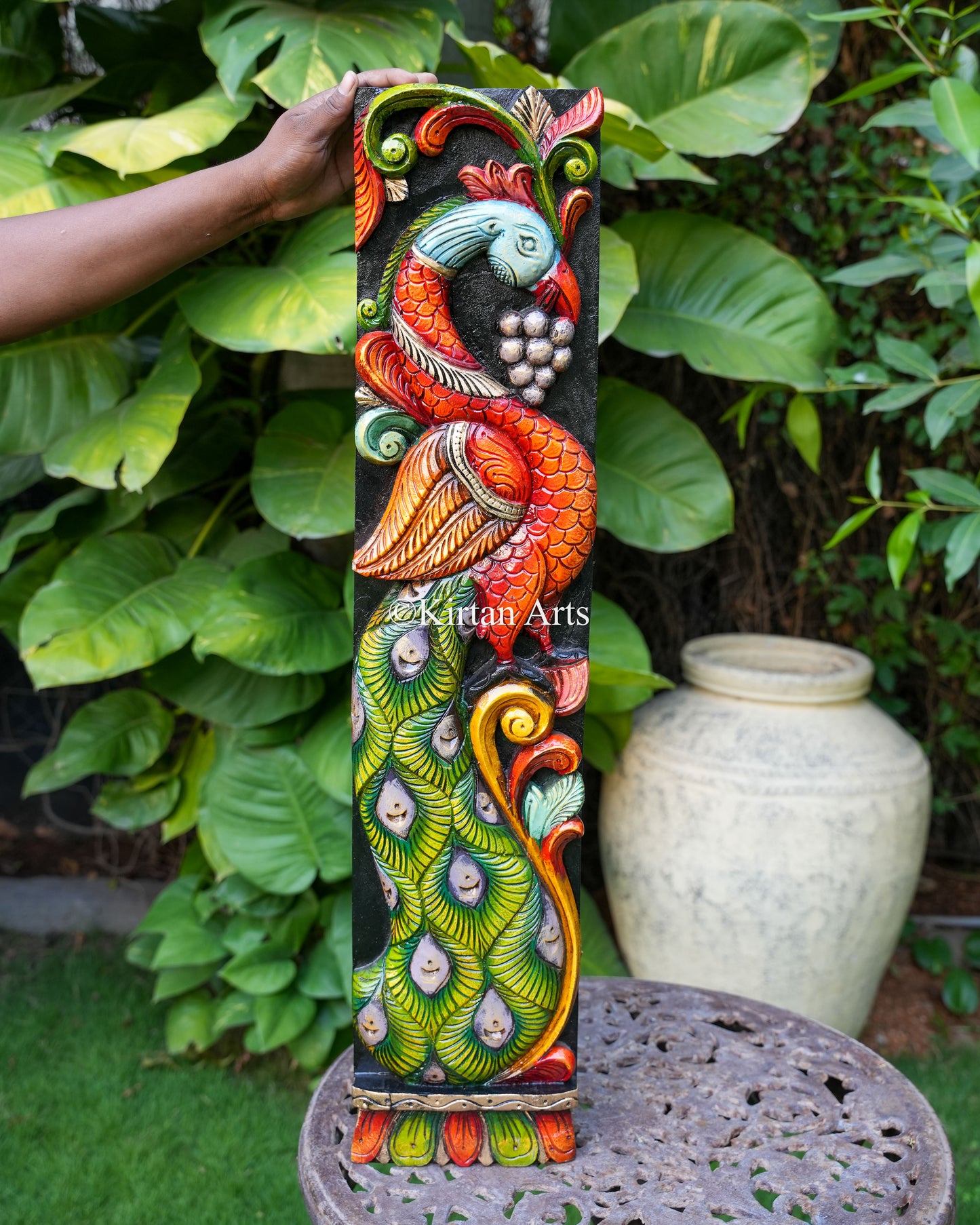 Hand-Carved Peacock Wooden Wall Panel Pair | 36"