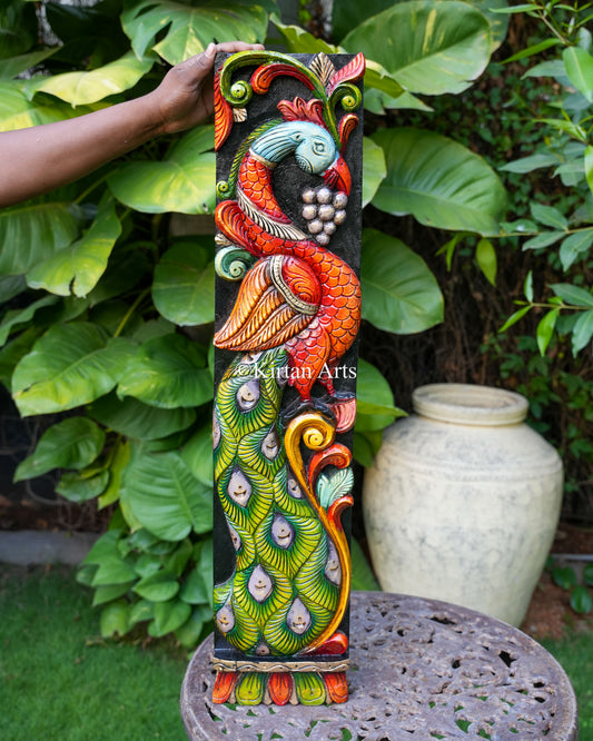 Hand-Carved Peacock Wooden Wall Panel Pair | 36"