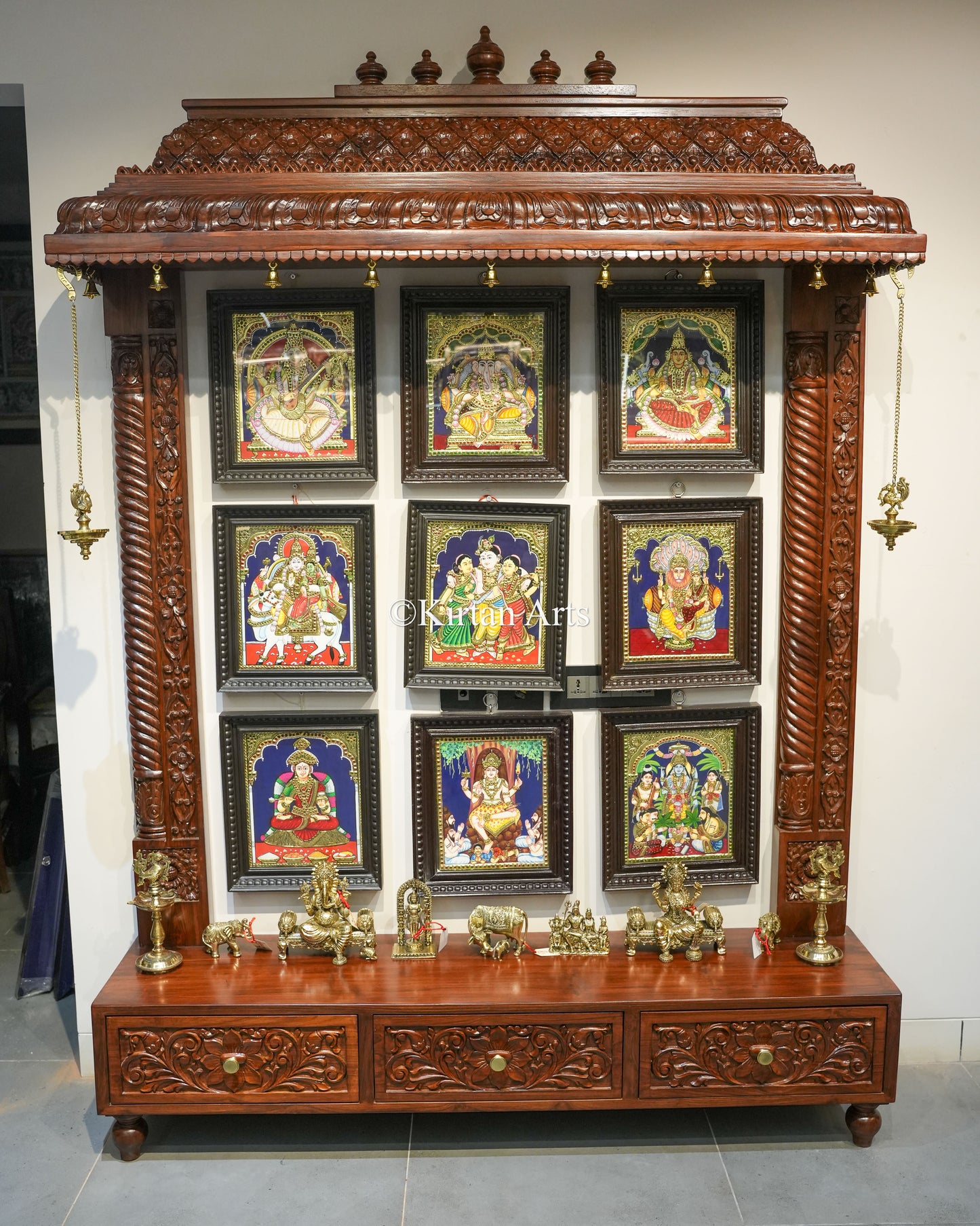 Teakwood Hand-Carved Wall Mandir | 84x60x13 Inches