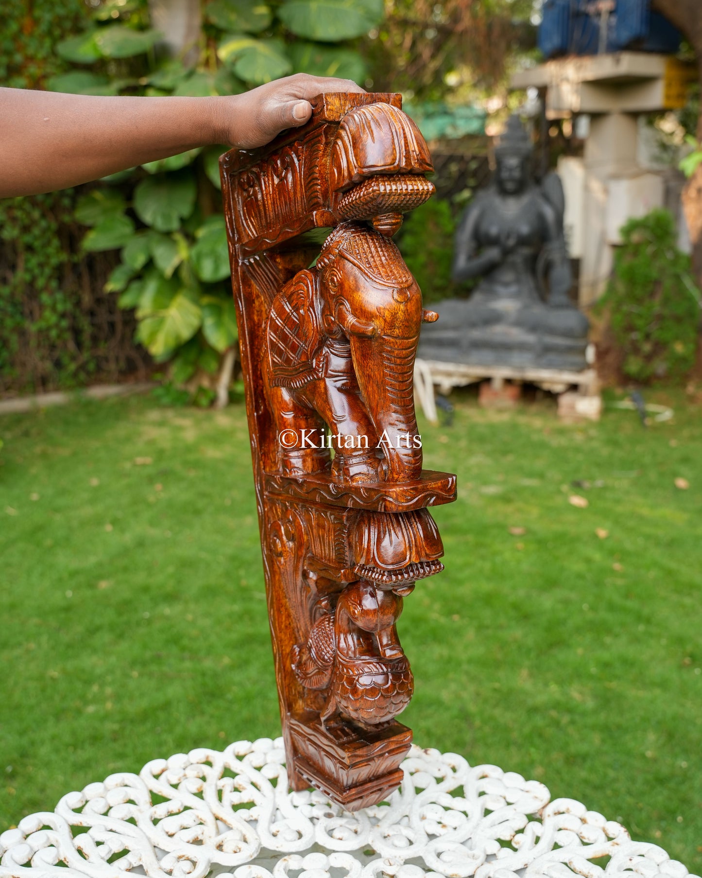 Hand-Carved Wooden Elephant & Peacock Wall Bracket (Corbel) Pair | 24"
