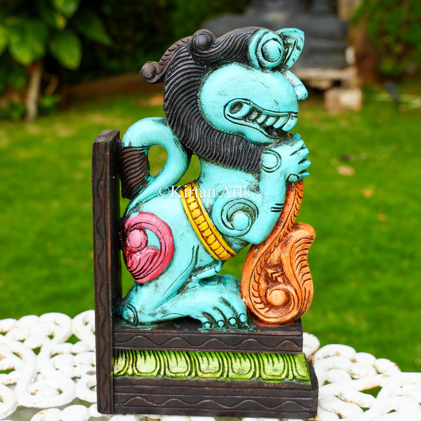 15" Hand-Carved Wooden Yali (Guardian Lion) Wall Bracket | Blue | Watercolors