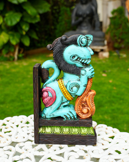 Hand-Carved Wooden Yali (Guardian Lion) Wall Bracket Pair | 15" | Blue | Watercolors