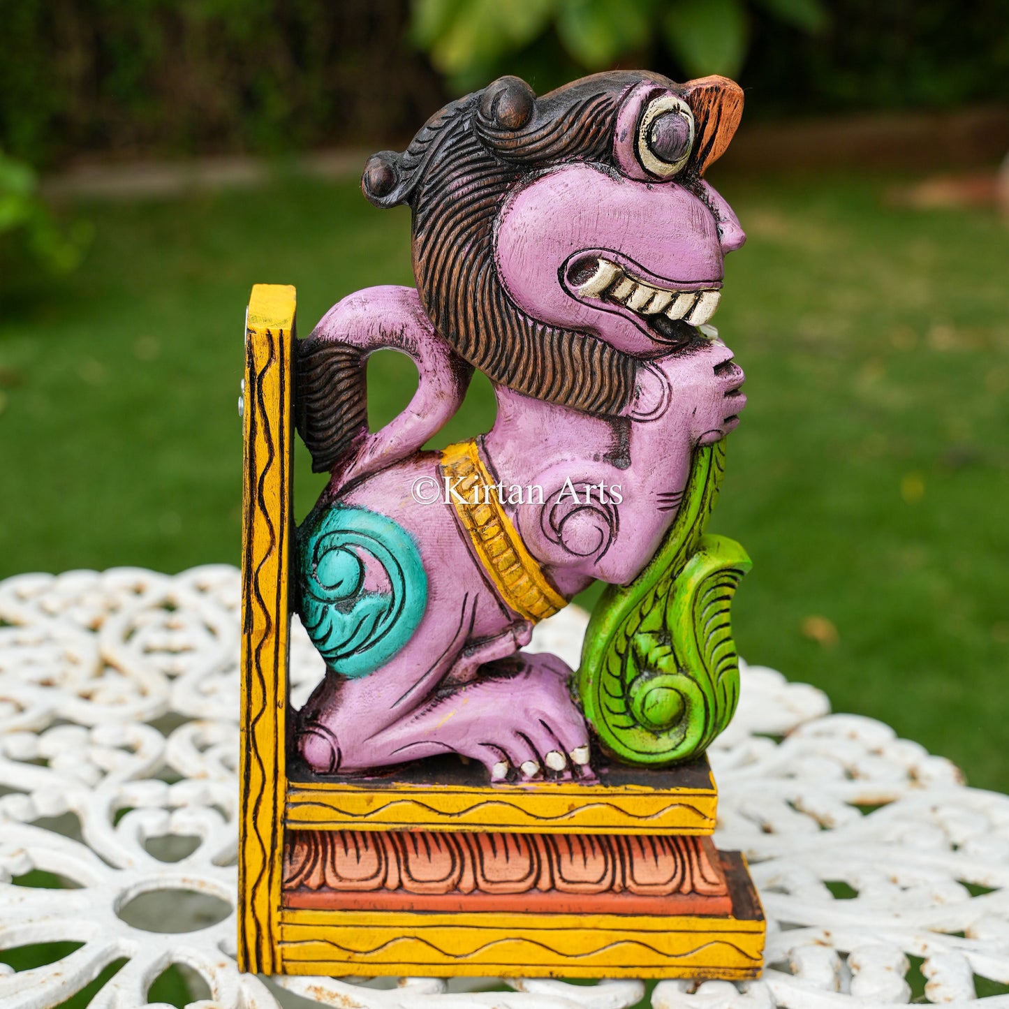 15" Hand-Carved Wooden Yali Wall Bracket | Purple | Watercolors