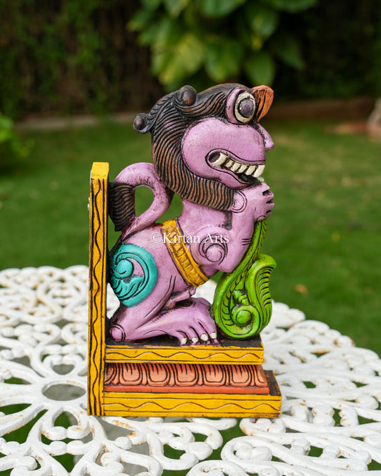 Hand-Carved Wooden Yali (Guardian Lion) Wall Bracket Pair | 15" | Purple | Watercolors