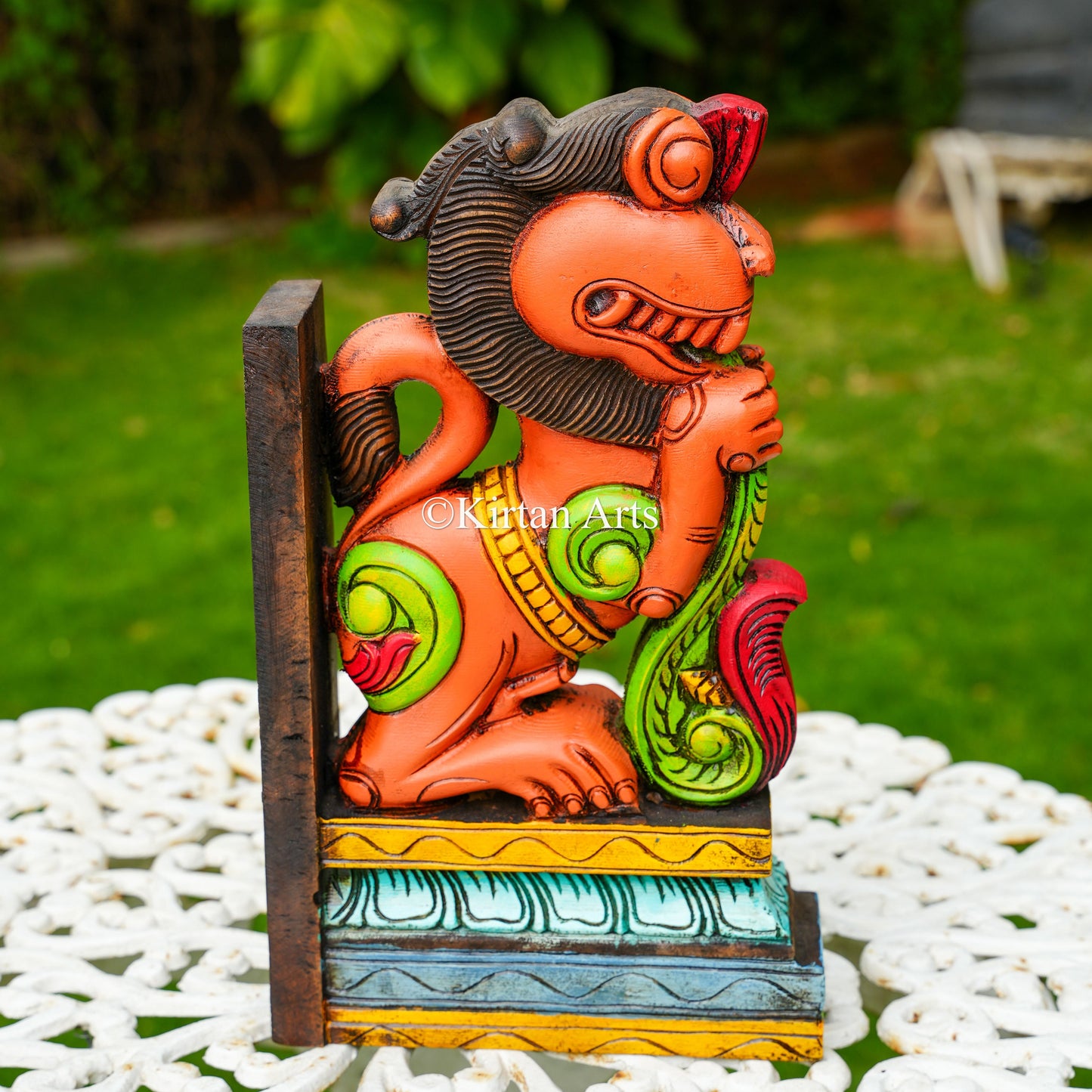 15" Hand-Carved Wooden Yali (Guardian Lion) Wall Bracket | Watercolors