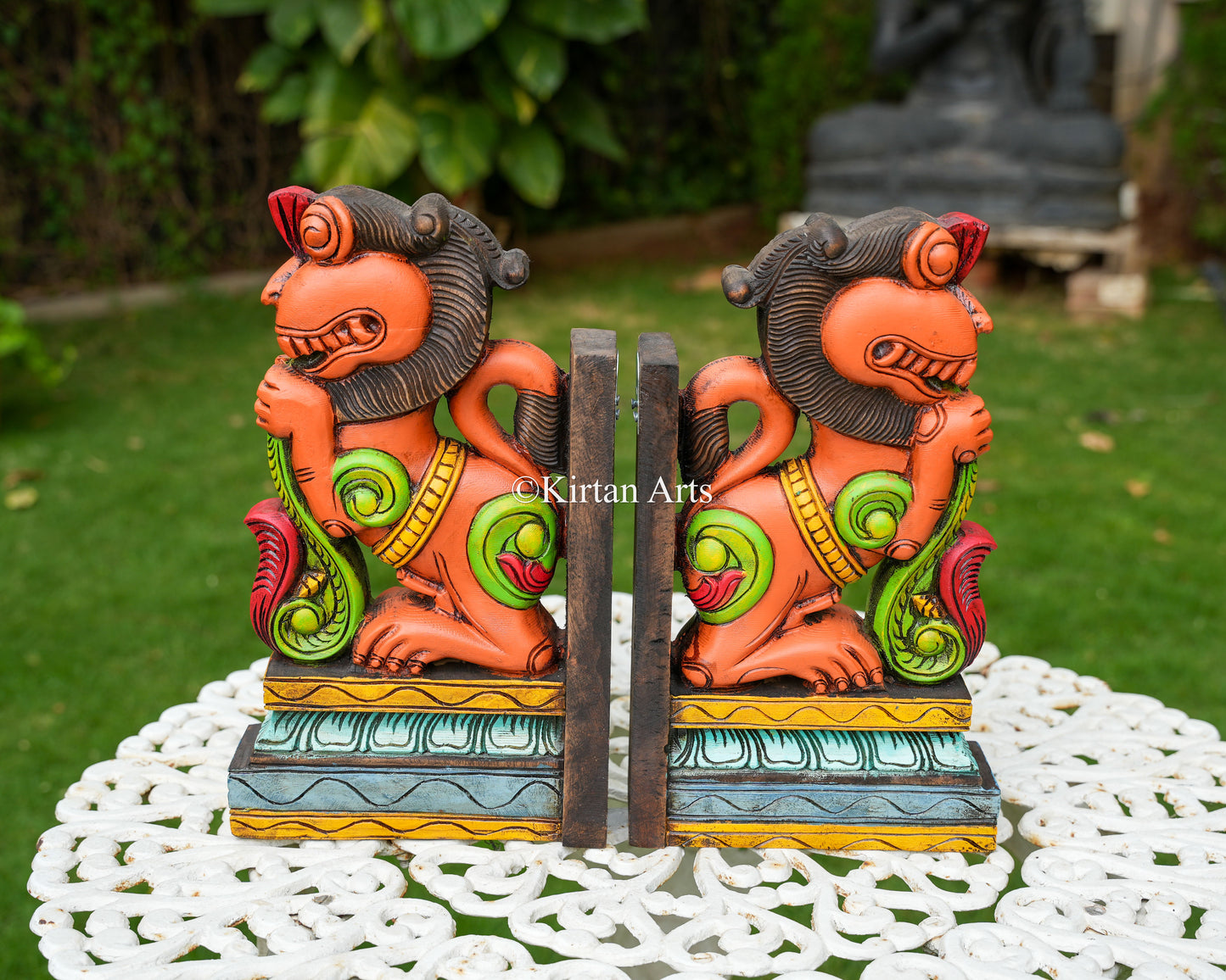 15" Hand-Carved Wooden Yali (Guardian Lion) Wall Bracket | Watercolors