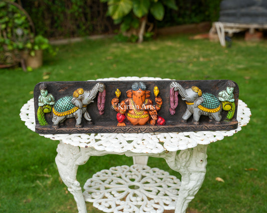 Hand-Carved Lord Ganesha & Elephant Relief Panel | 24"