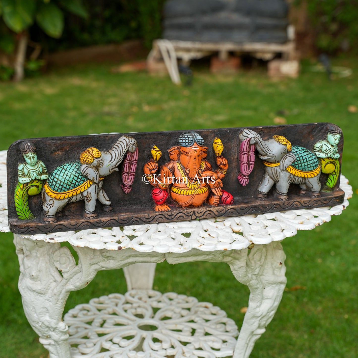 24" Hand-Carved Lord Ganesha & Elephant Panel