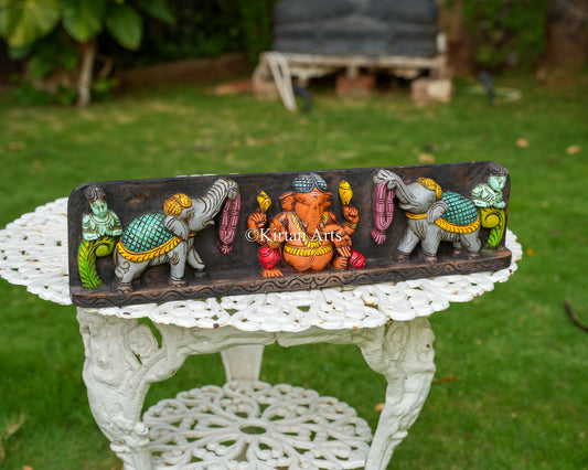 Hand-Carved Lord Ganesha & Elephant Relief Panel | 24"