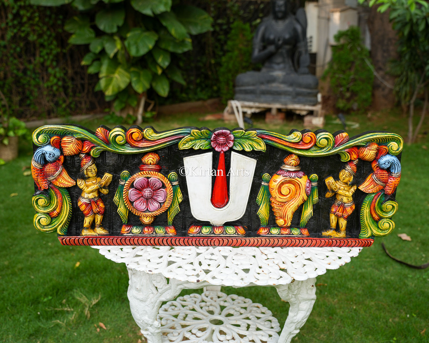 Hand-Carved Shankha Chakra Nama (Tilak) Wooden Panel – Sacred Vaishnavite Wall Art | 36"