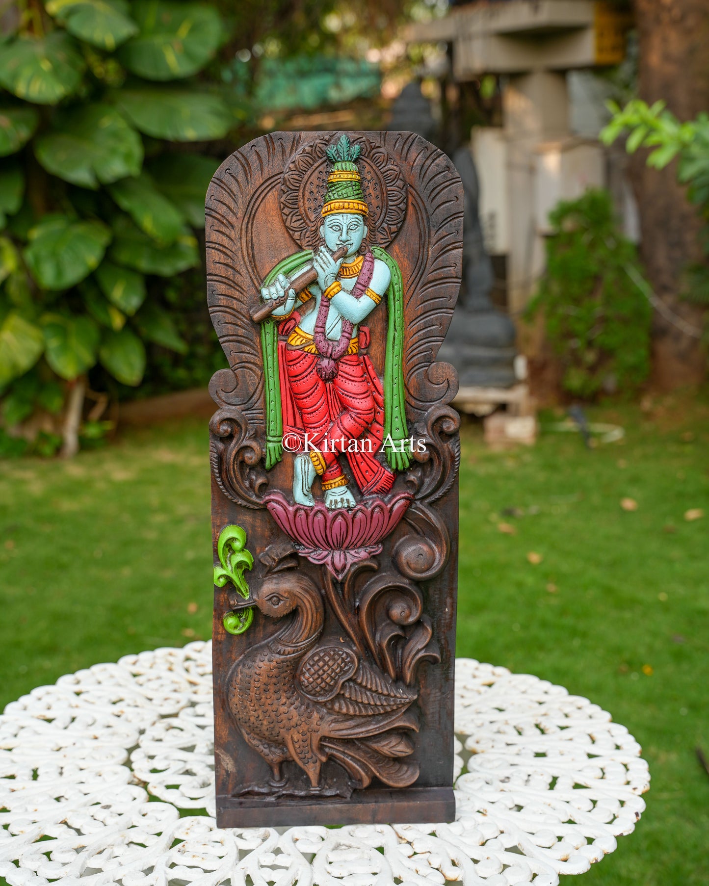 Hand-Carved Venugopal (Krishna) Wooden Wall Panel | 28"