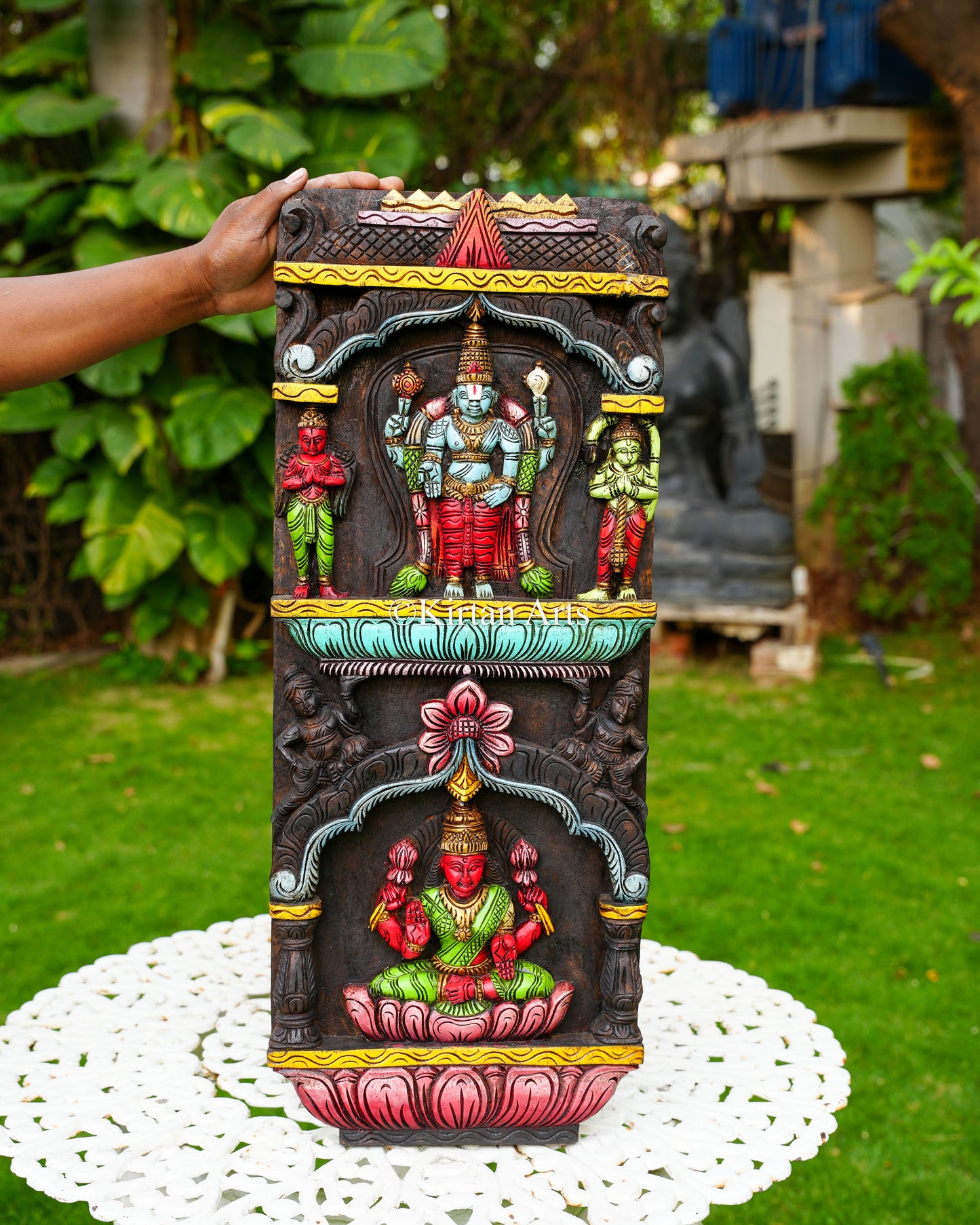 Hand-Carved Lord Vishnu and Goddess Lakshmi Wall Panel | 30"