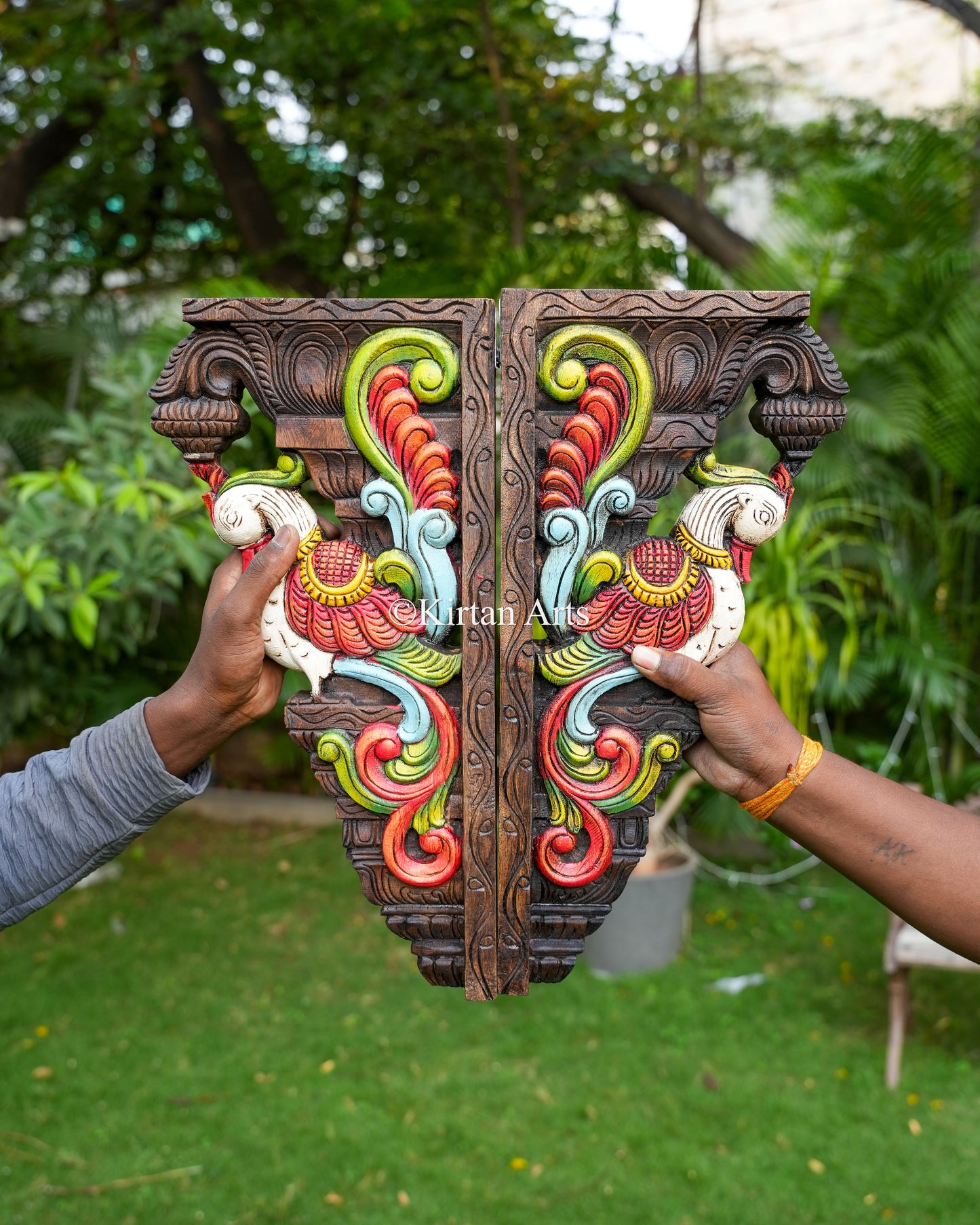 Hand-Carved Architectural Corbels Pair  – Traditional South Indian Parrot Motif Brackets | 18"