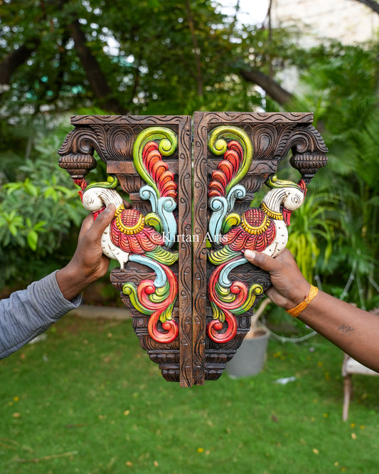 Hand-Carved Architectural Corbels Pair  – Traditional South Indian Parrot Motif Brackets | 18"