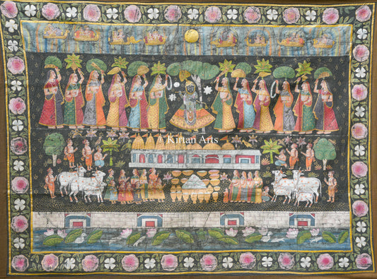 4ft x 3ft Antique-Finish Shrinathji Pichwai – Narrative Annakoot Celebration
