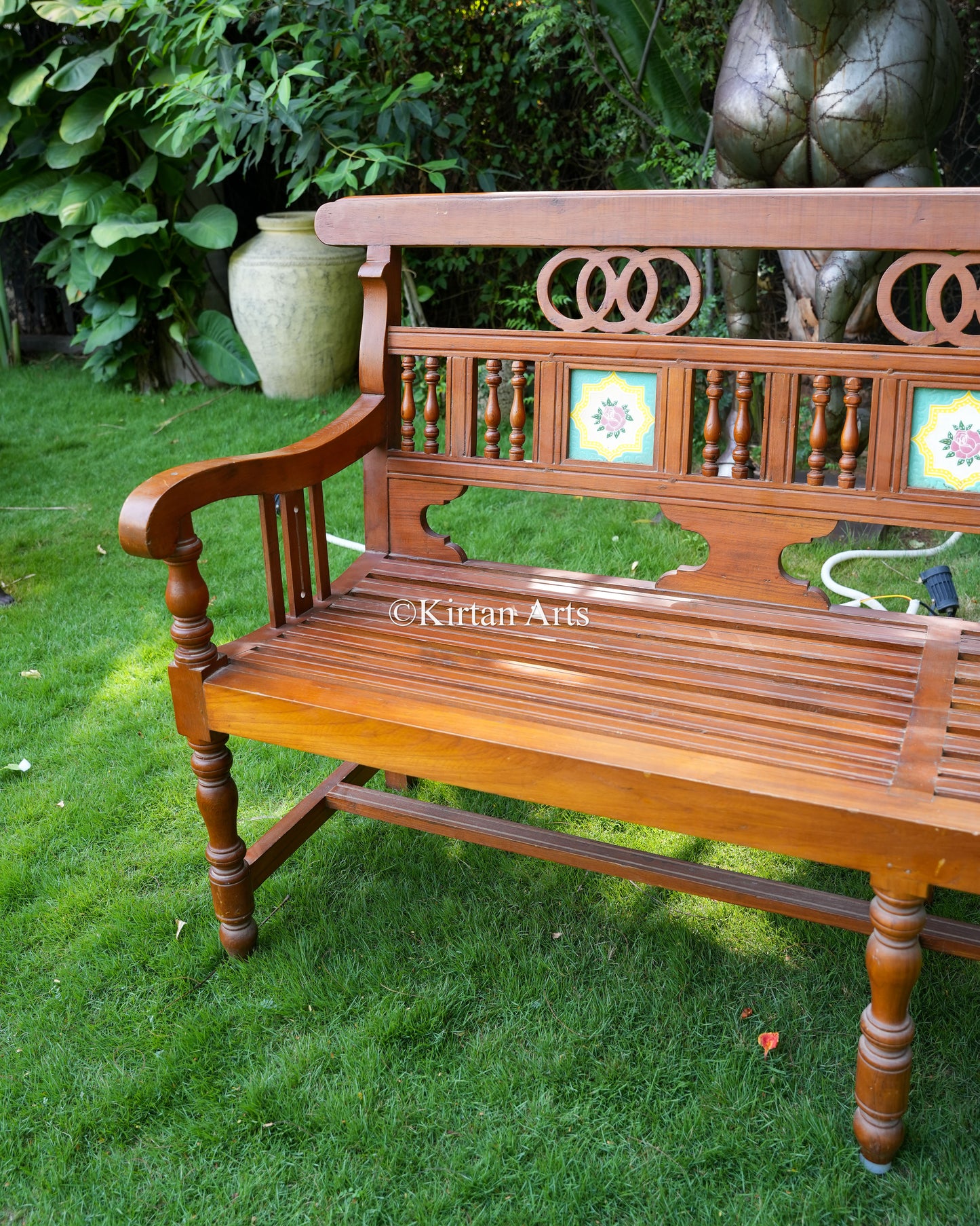 Antique Chettinad Teakwood Bench – 80-Inch Handcrafted Traditional Bench with Hand-Painted Ceramic Tiles and Spindle Backrest
