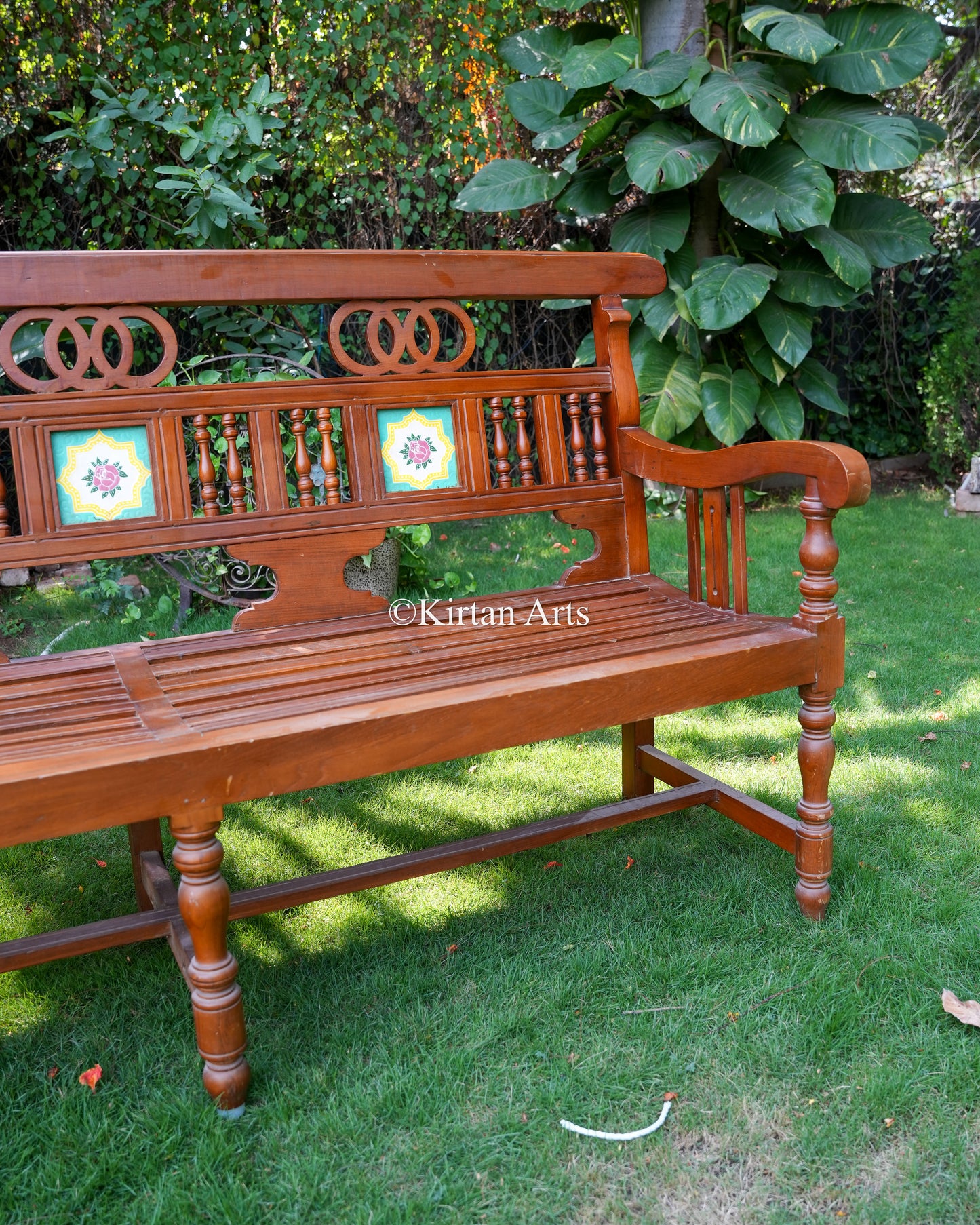 Antique Chettinad Teakwood Bench – 80-Inch Handcrafted Traditional Bench with Hand-Painted Ceramic Tiles and Spindle Backrest