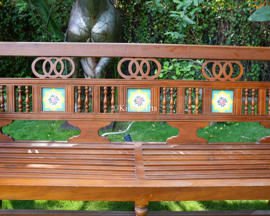 Antique Chettinad Teakwood Bench – 80-Inch Handcrafted Traditional Bench with Hand-Painted Ceramic Tiles and Spindle Backrest