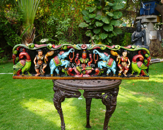Hand-Carved Solid Wood Gaja Lakshmi Lintel Panel – 42-Inch Traditional Wall Pediment with Attendants and Peacocks