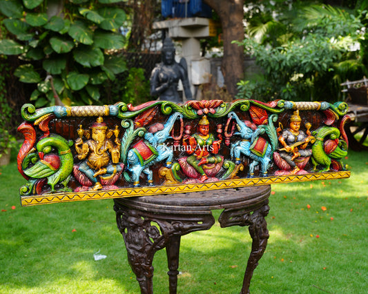 Hand-Carved Solid Wood Gaja Lakshmi Panel with Ganesha, Saraswati & Peacocks – 48-Inch Traditional Wall Pediment Art