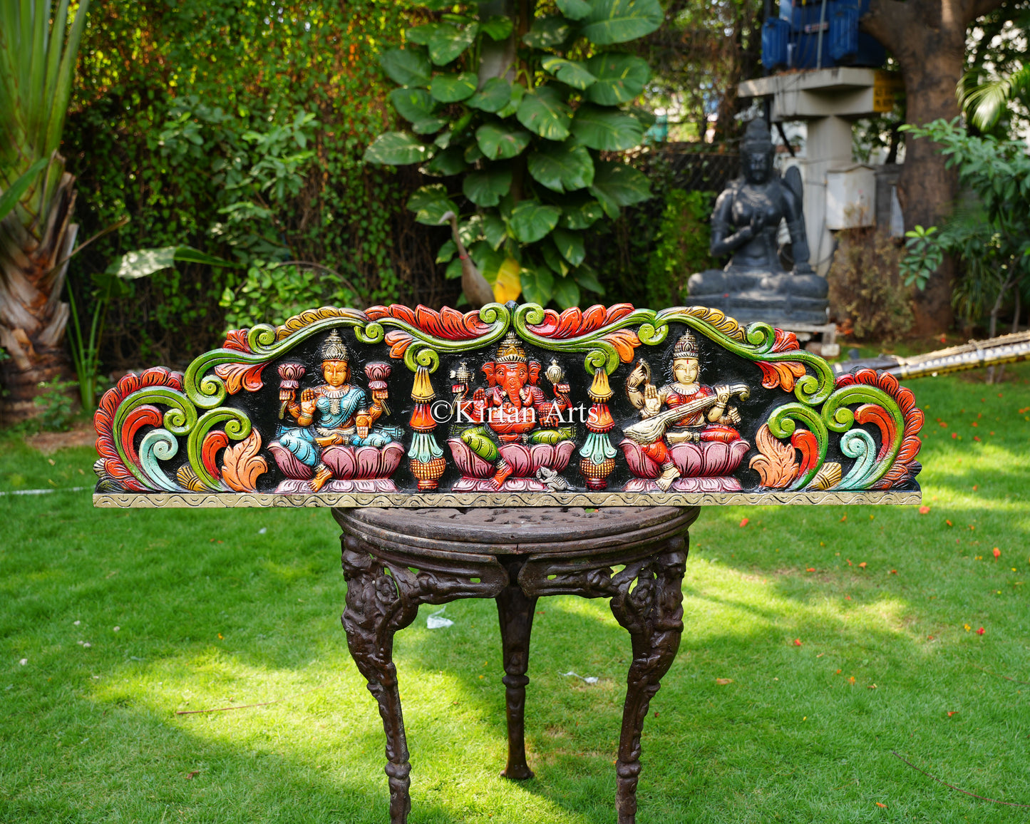 Hand-Carved Solid Wood Lakshmi, Ganesha, and Saraswati Panel – 48-Inch Traditional Wall Pediment Art