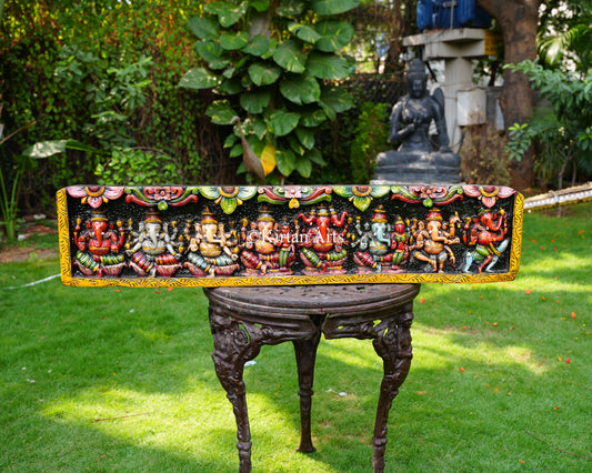 Hand-Carved Solid Wood Ashta Ganesha Panel – 48-Inch Traditional Wall Pediment Art Featuring 8 Manifestations of Lord Ganesha