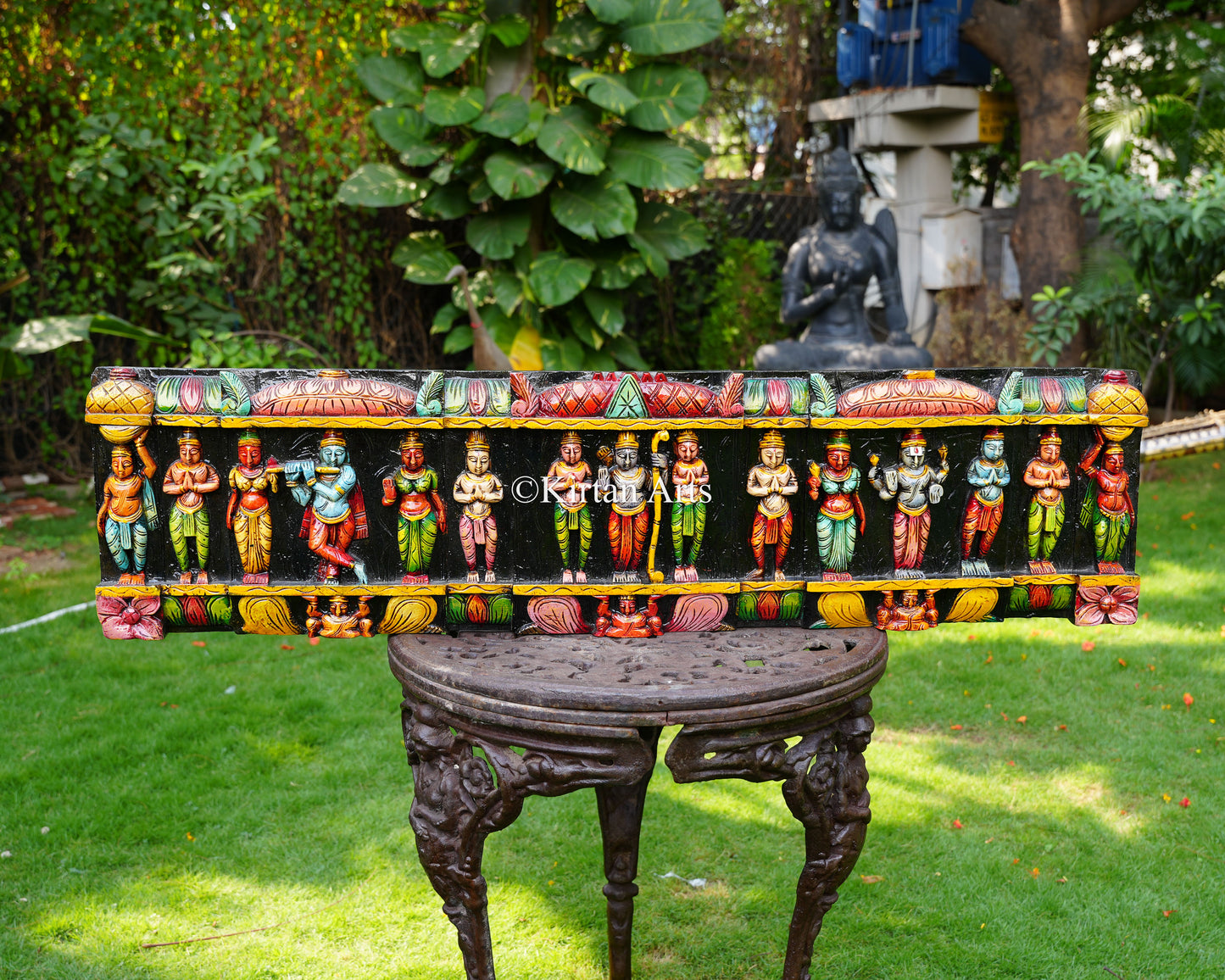 Hand-Carved Solid Wood Divine Leela Panel – 48-Inch Traditional Wall Pediment Featuring Krishna, Rama, and Venkateswara Swamy