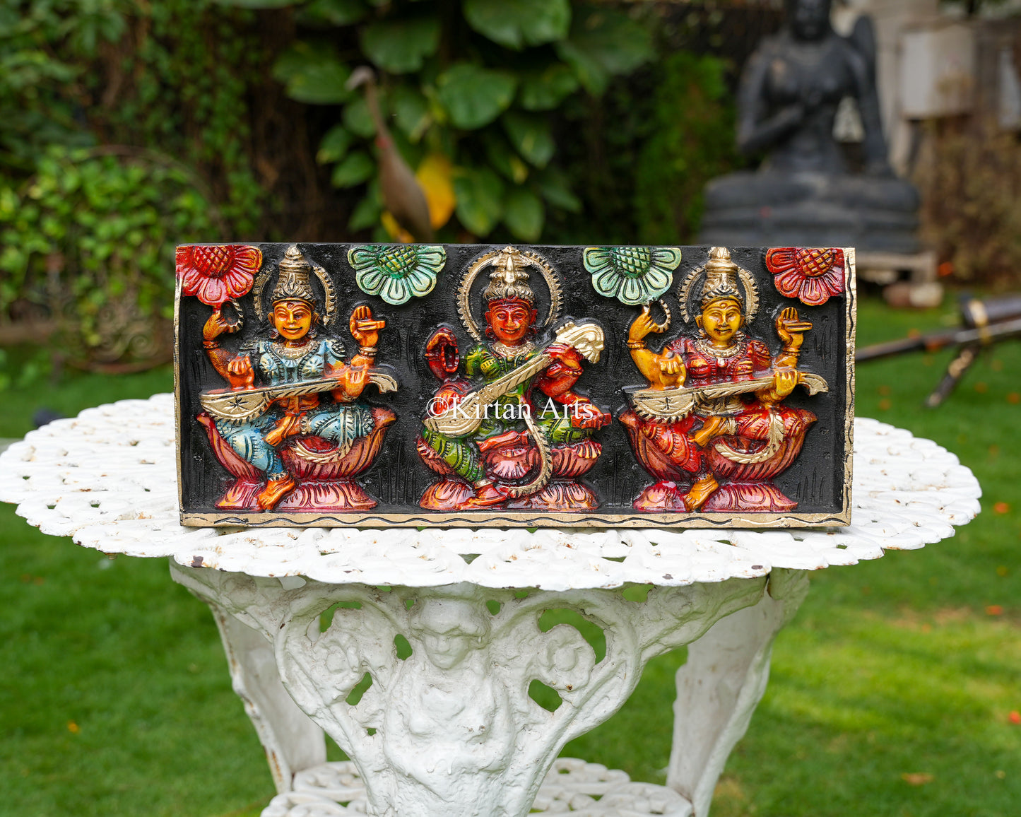 Hand-Carved Solid Wood Triple Saraswati Panel – 18-Inch Traditional Wall Art Featuring Manifestations of the Goddess of Wisdom