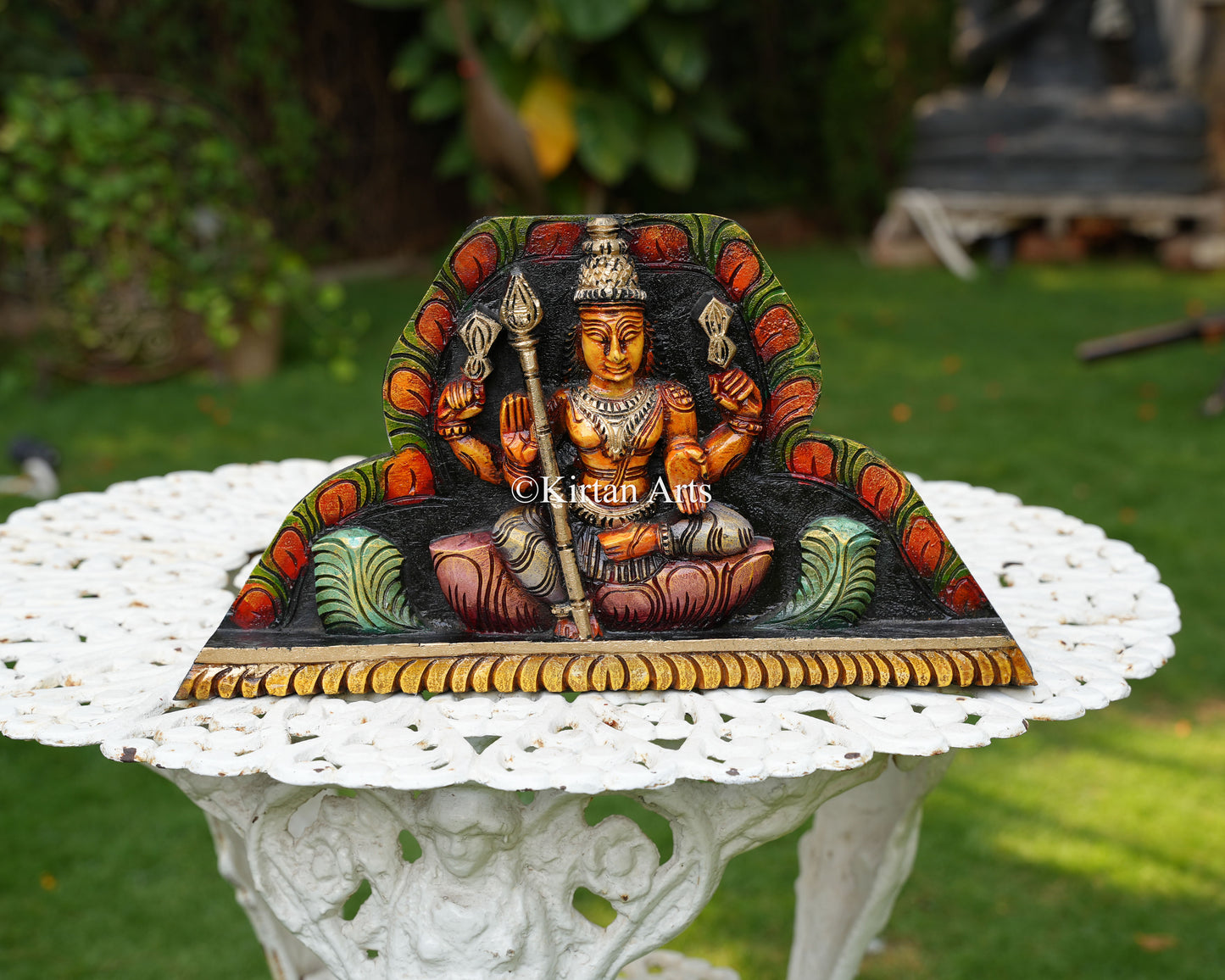 Hand-Carved Solid Wood Lord Murugan Panel – 18-Inch Traditional Pediment Wall Art featuring the Sacred Vel