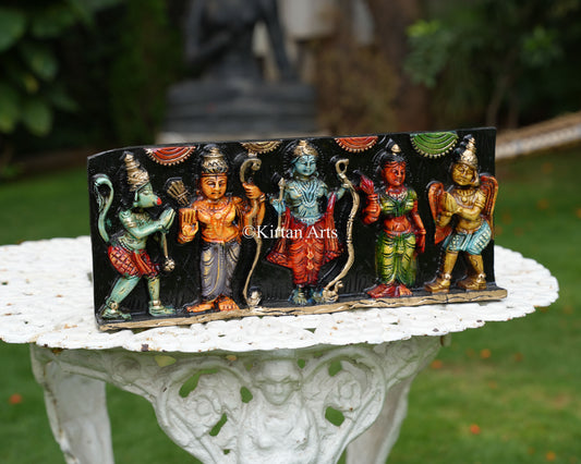 Hand-Carved Solid Wood Ram Darbar Panel – 18-Inch Traditional Wall Art Featuring Rama, Sita, Lakshmana, Hanuman, and Garuda