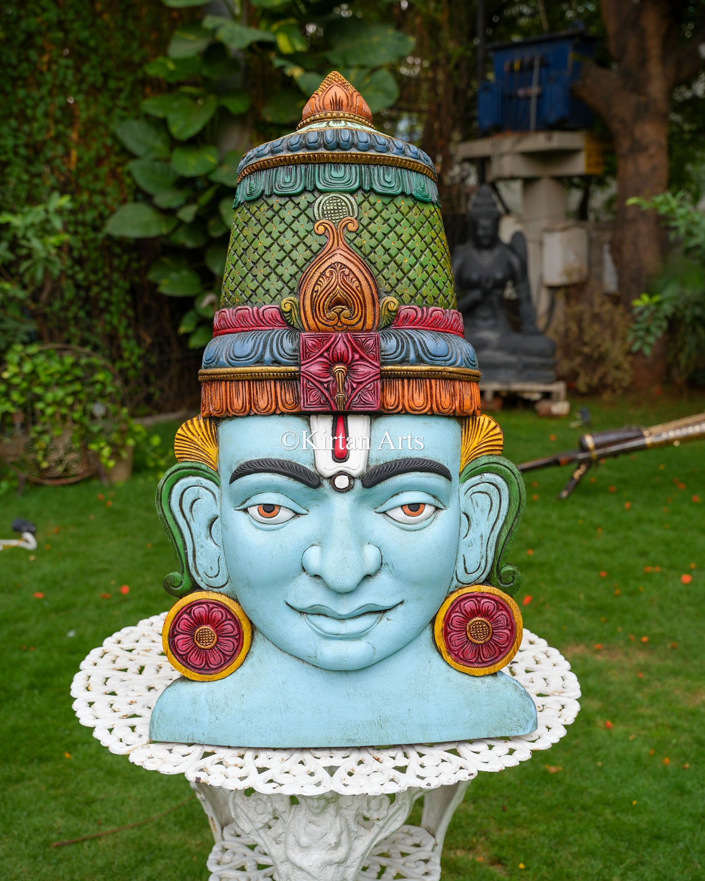 Large Hand-Carved Wood Lord Venkateswara Face Panel – 36-Inch Traditional South Indian Balaji Mukhalingam Wall Art