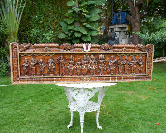 Hand-Carved Wood Srinivasa Kalyanam Panel – 60-Inch Epic South Indian Architectural Lintel featuring the Divine Wedding of Tirupati Balaji