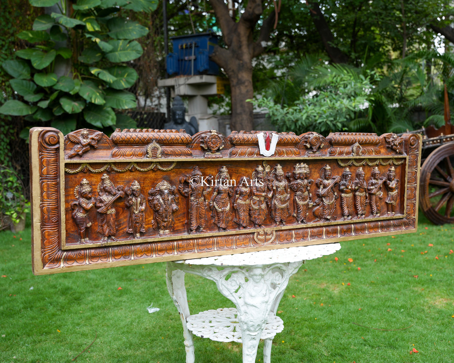 Hand-Carved Wood Srinivasa Kalyanam Panel – 60-Inch Epic South Indian Architectural Lintel featuring the Divine Wedding of Tirupati Balaji